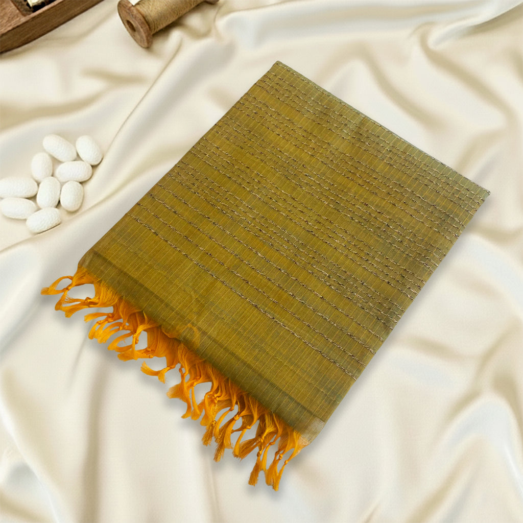 Mustard Green Basic Cotton Saree