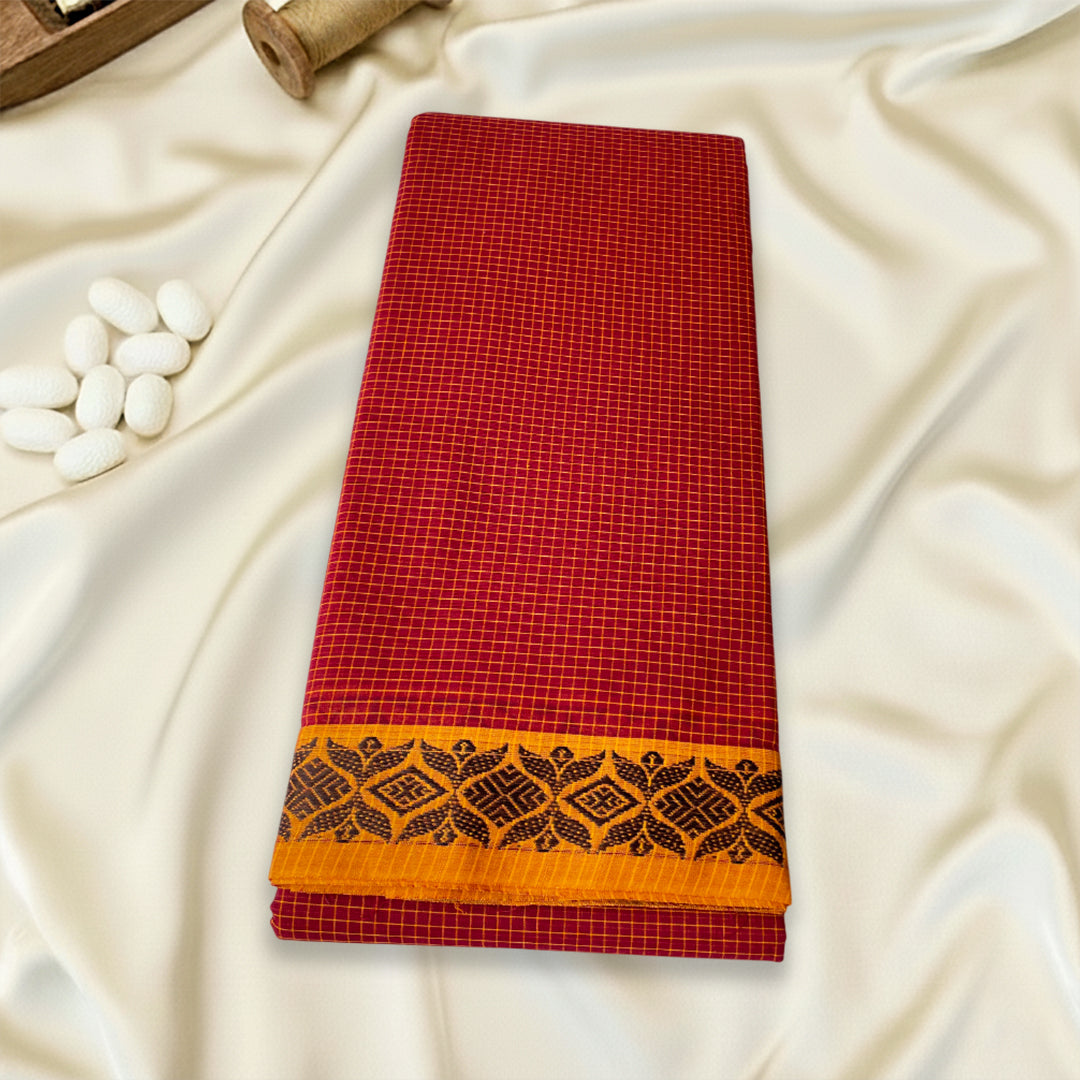Bright Red Checked Kanchi Cotton Saree