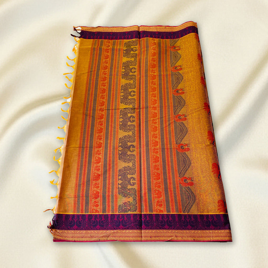 Mustard–Purple Premium Silk Cotton Saree