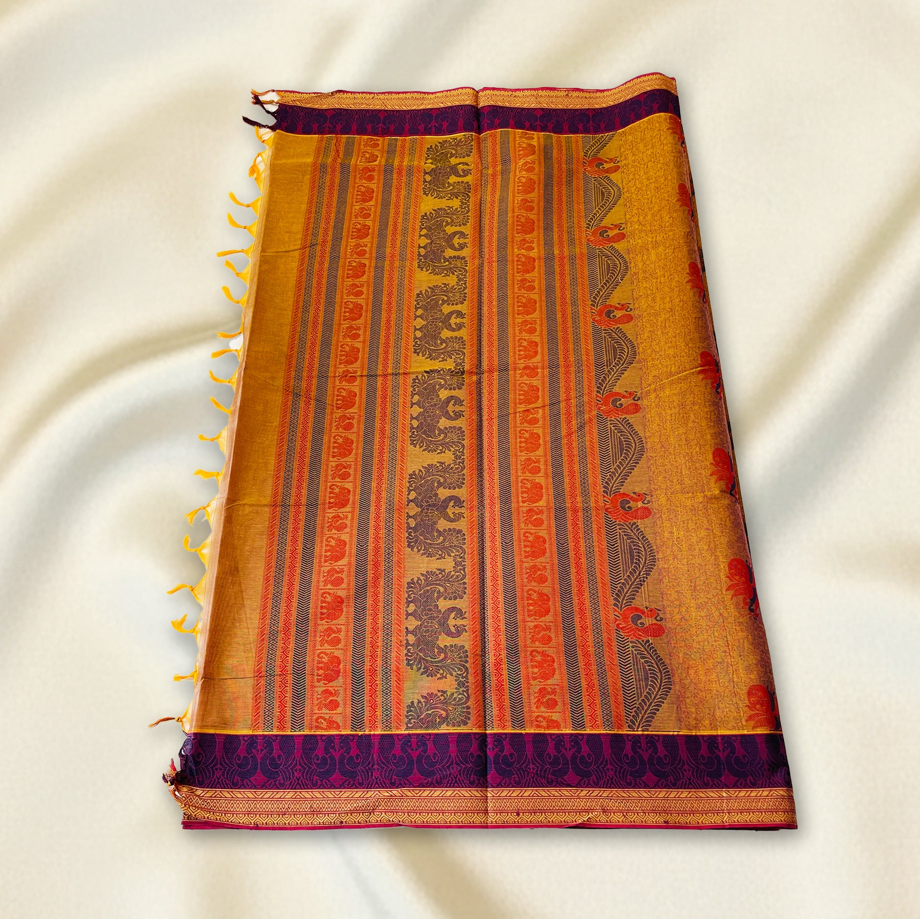 Mustard–Purple Premium Silk Cotton Saree