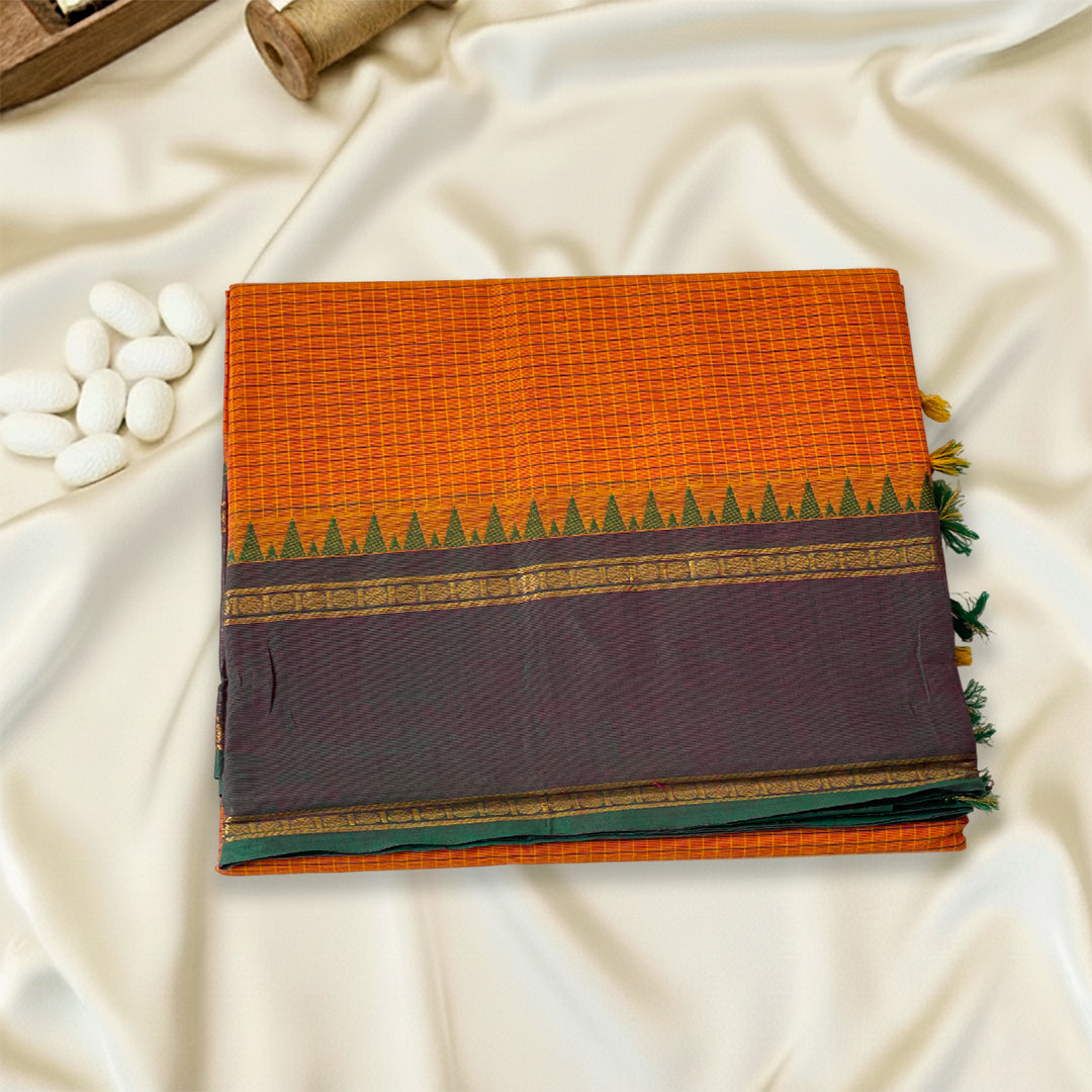 Orange Checked Kanchi Cotton Saree