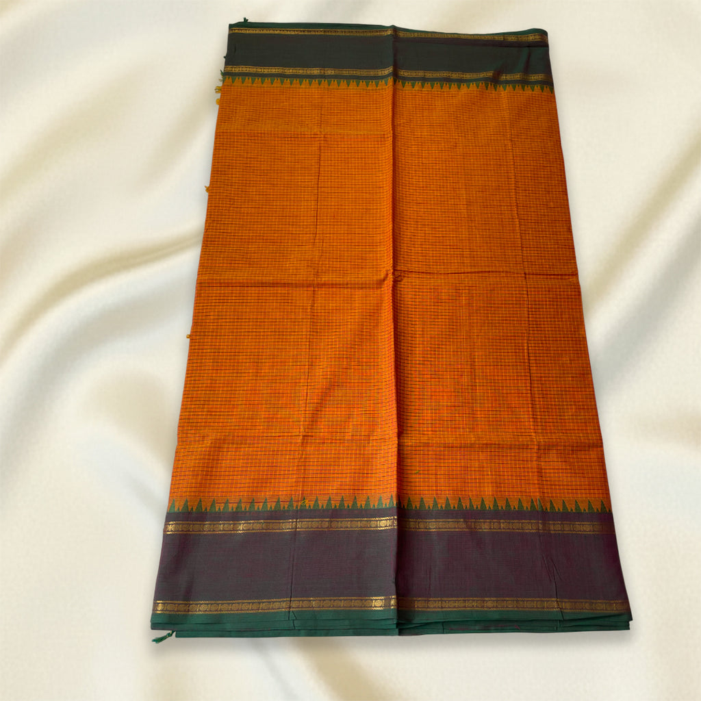 Orange Checked Kanchi Cotton Saree