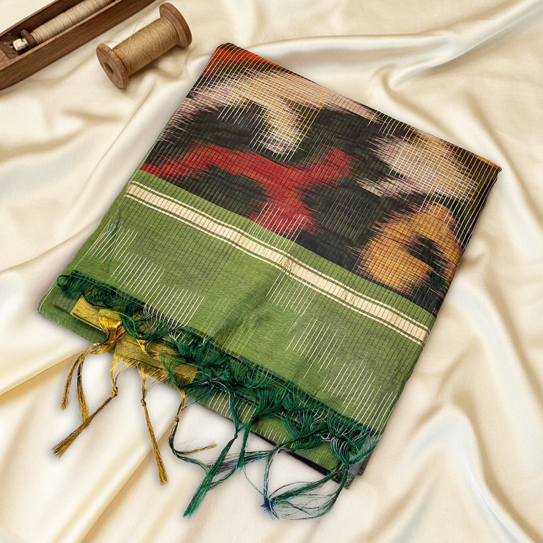 Olive Green Pochampally Ikat Saree