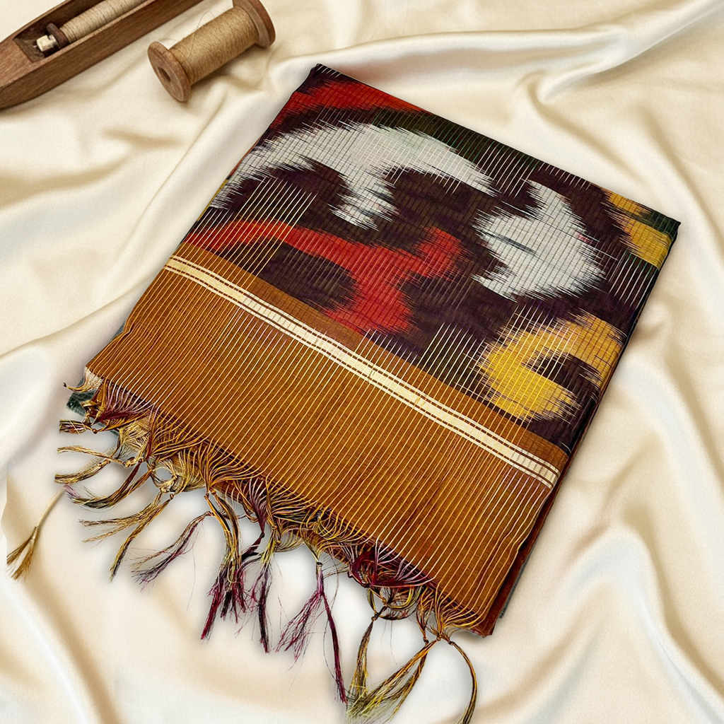 Brown-Gold Pochampally Ikat Saree