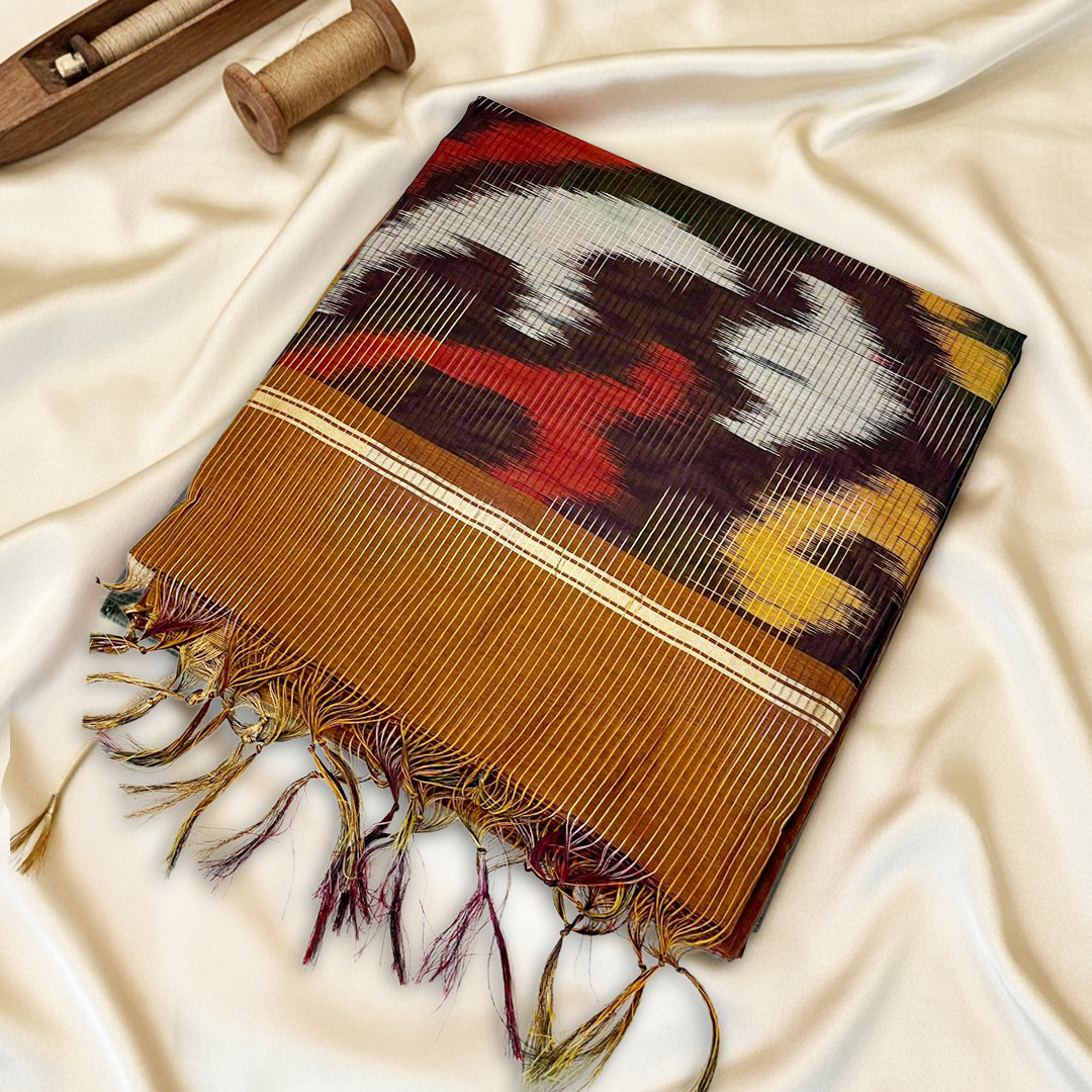 Brown-Gold Pochampally Ikat Saree