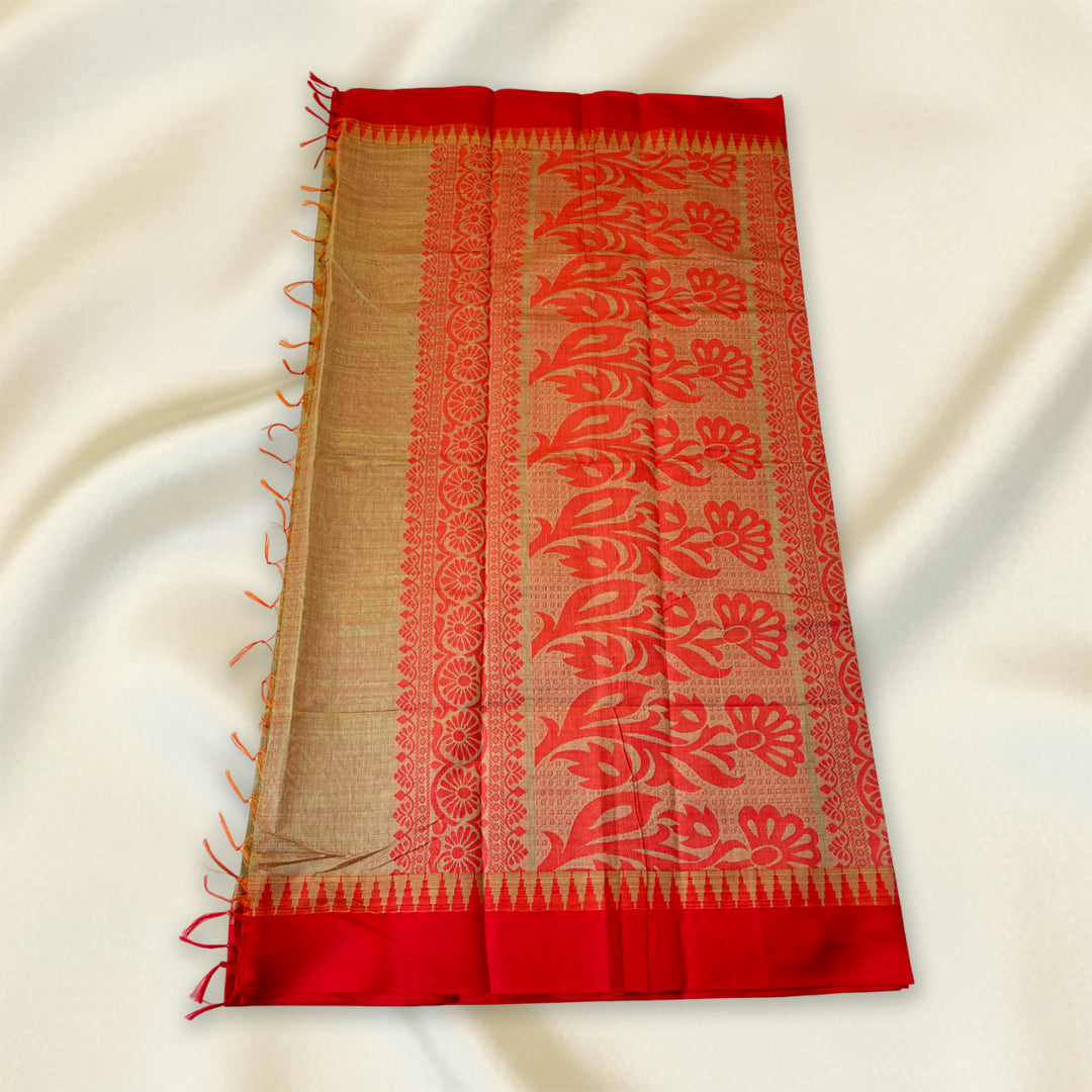 Olive Green - Red Premium Silk Cotton Saree.