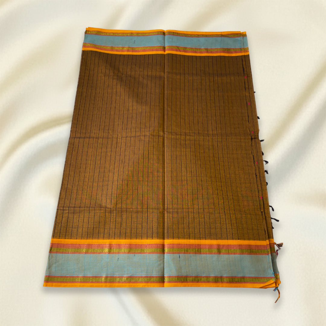 Brown Striped Kanchi Cotton Saree