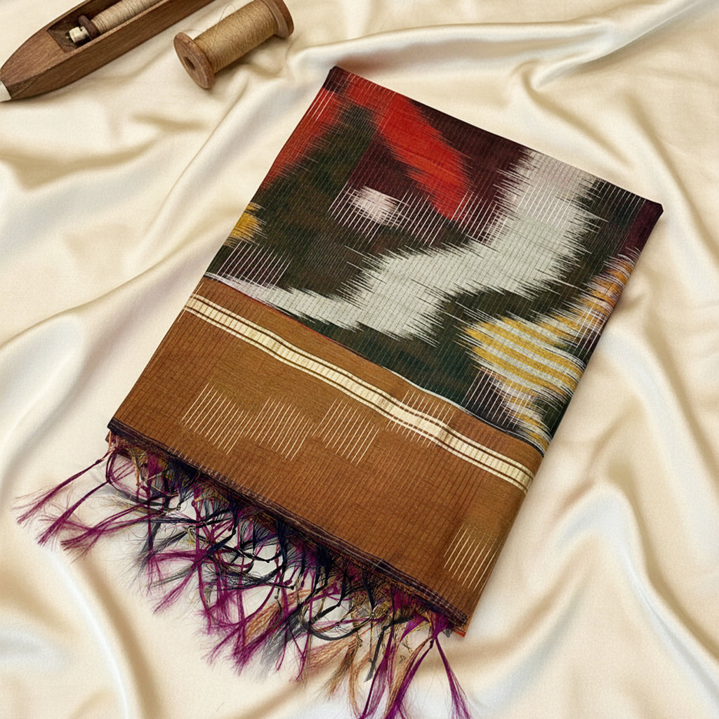 Brown Pochampally  Ikat Saree