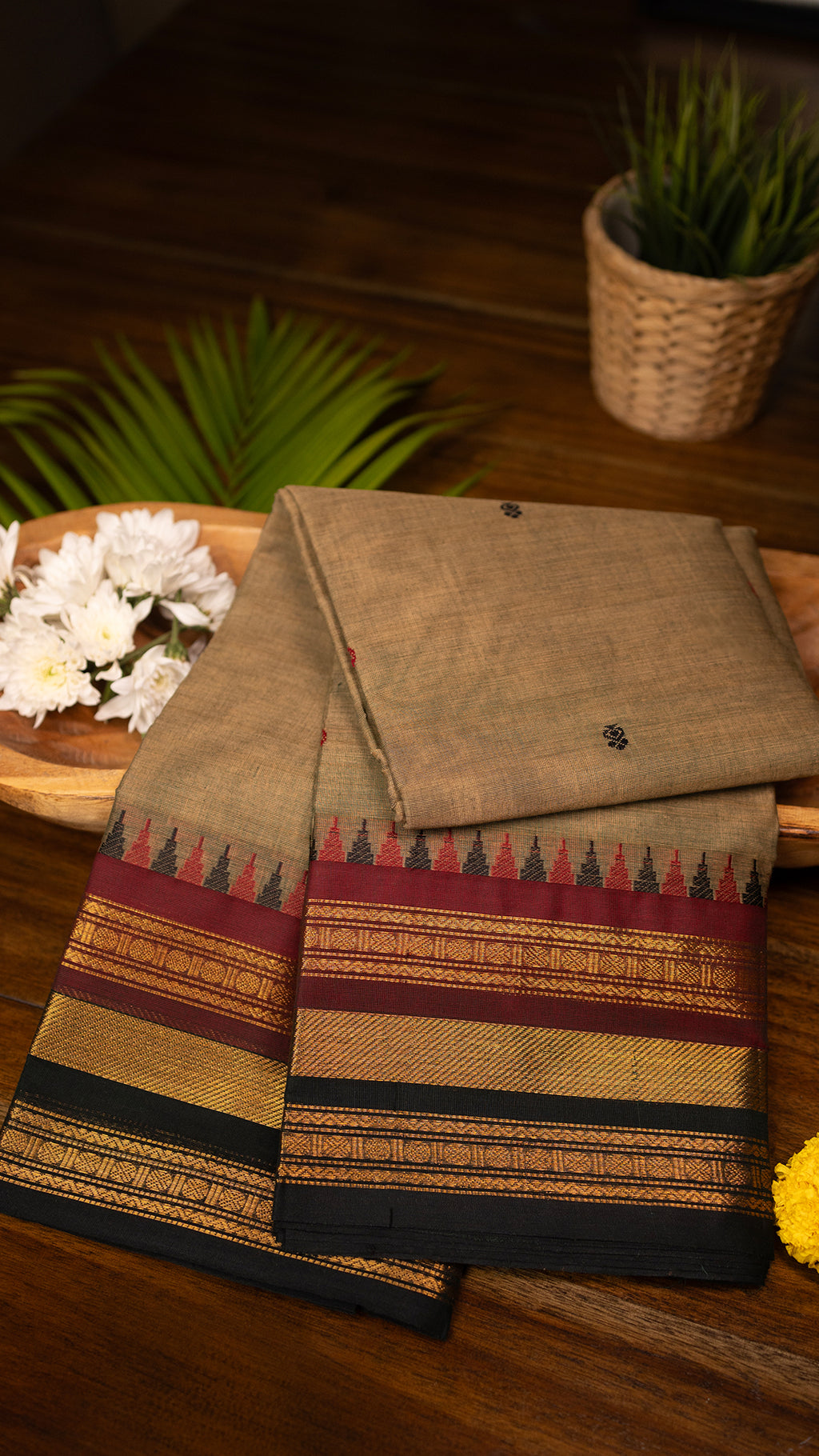 light olive brown- Kanchi Cotton Saree
